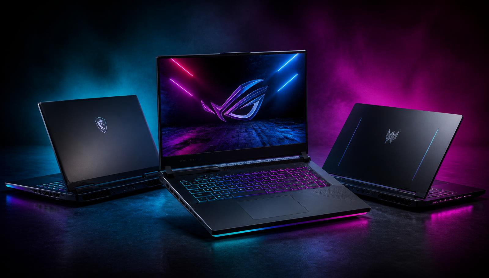 Three 2026 flagship gaming laptops with RGB keyboards photographed on a dark studio surface under teal and magenta lighting