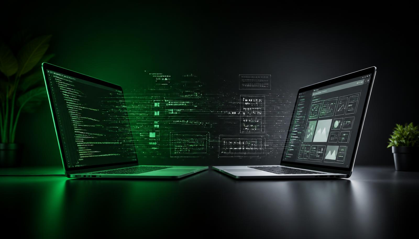 Two laptops facing each other with code and UI wireframes glowing between them