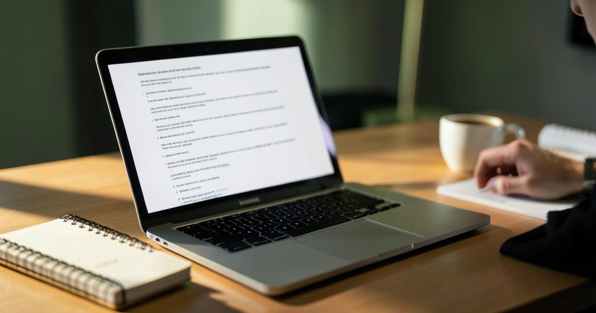Laptop showing a text document on a wooden desk beside a notebook and coffee