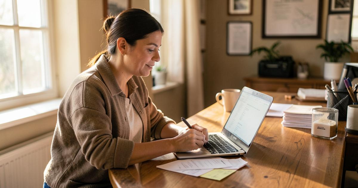 Small business owner working through paperwork and accounts on a laptop at a kitchen table