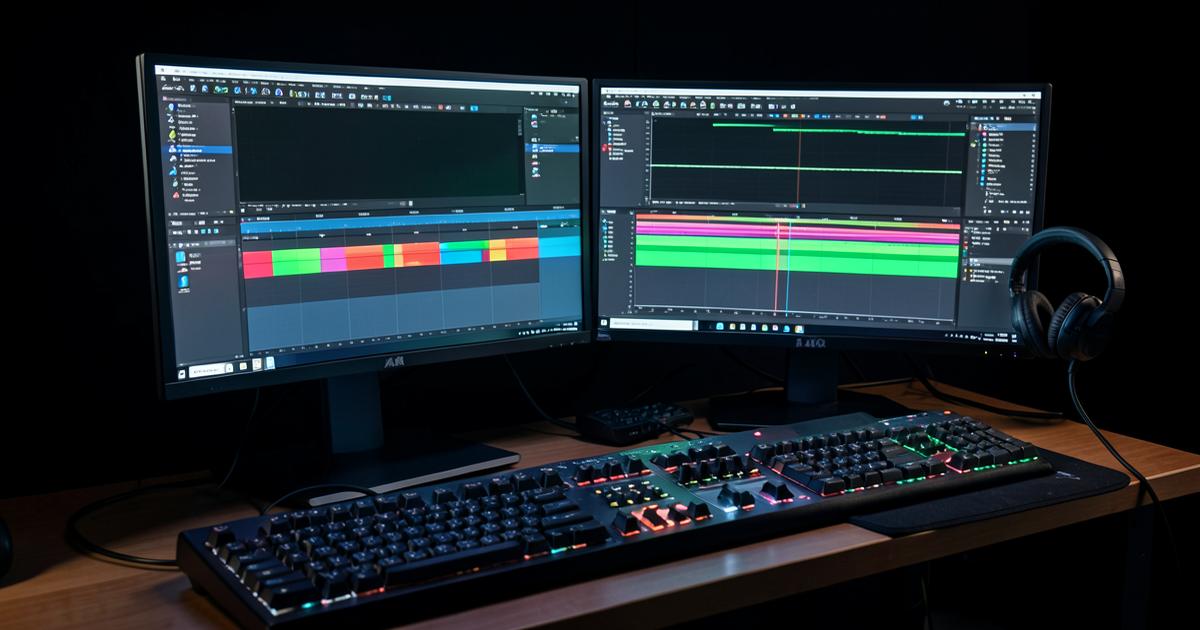 Dual-monitor video editing workstation with a colourful timeline and headphones
