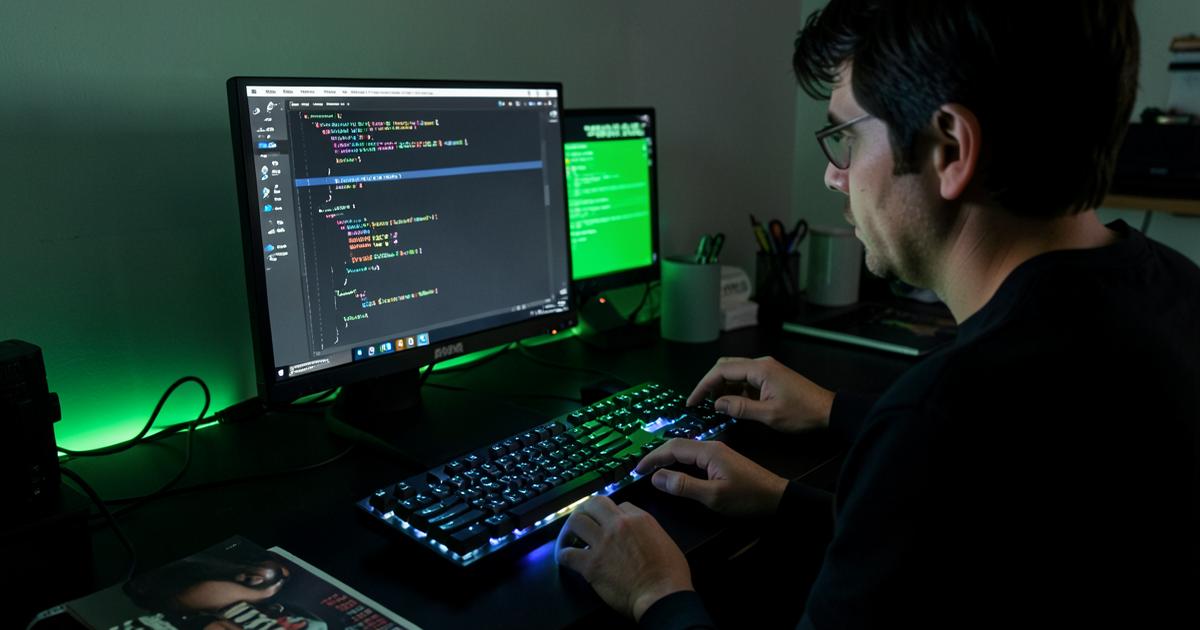 Developer workstation with code on two monitors in a dim room