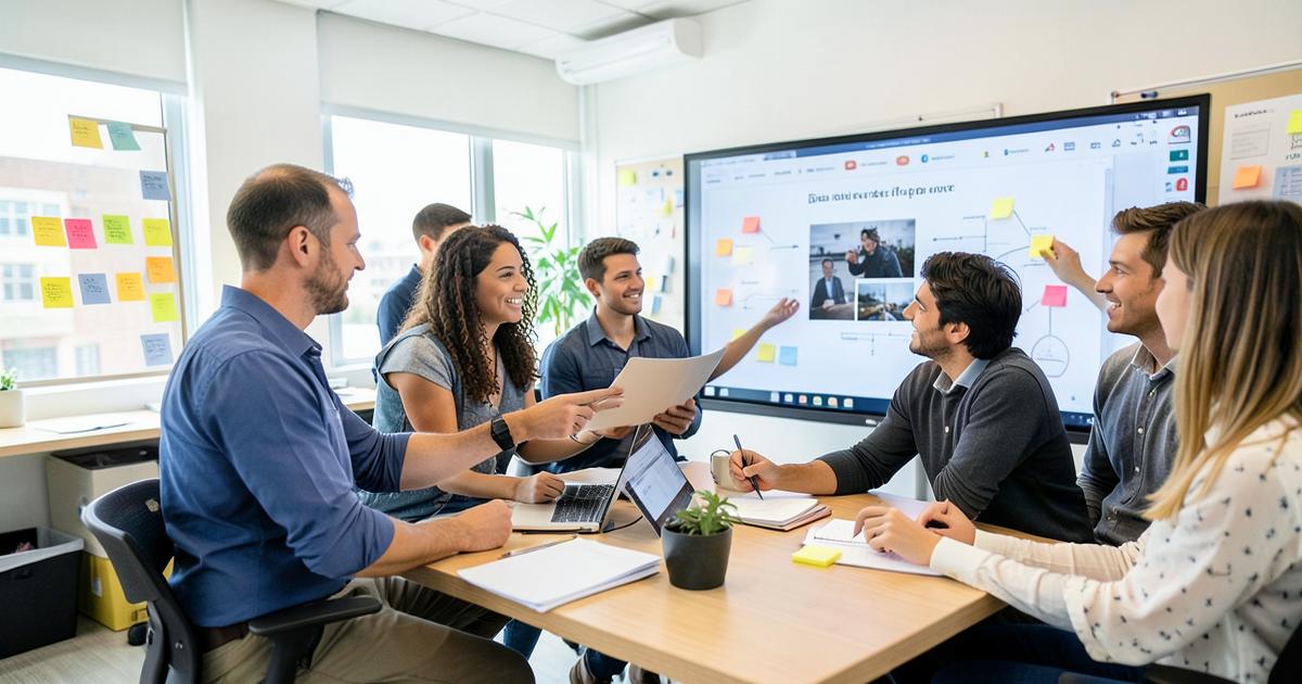 Team gathered around a screen reviewing project boards in a bright office