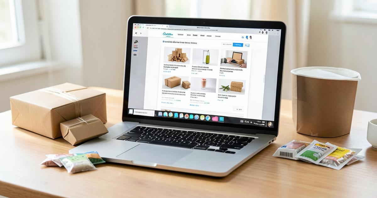 Laptop showing an online store being built, surrounded by parcels and product samples